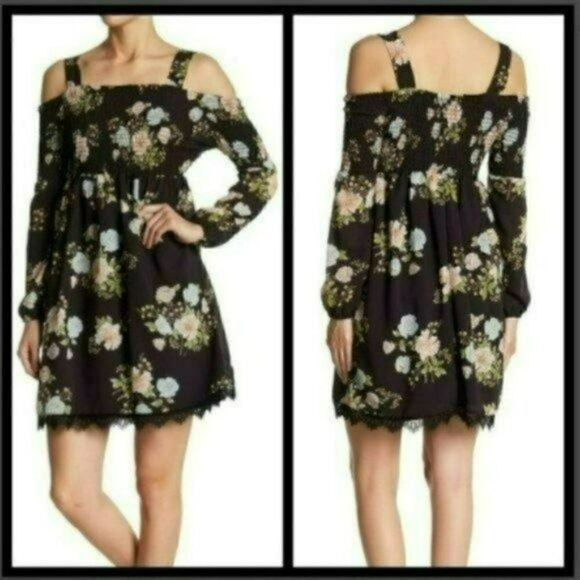 NWT MSRP $128 ECI Floral Smocked Cold Shoulder Dress Women's Size Small - Picture 2 of 8